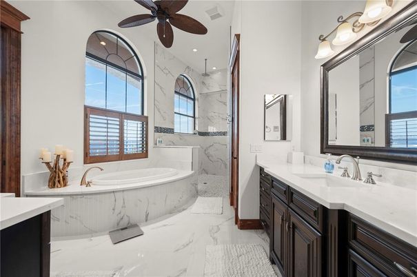 Bathroom, Dual Sink Vanities, Interior, Marble, Marble Walls, Recessed Lighting