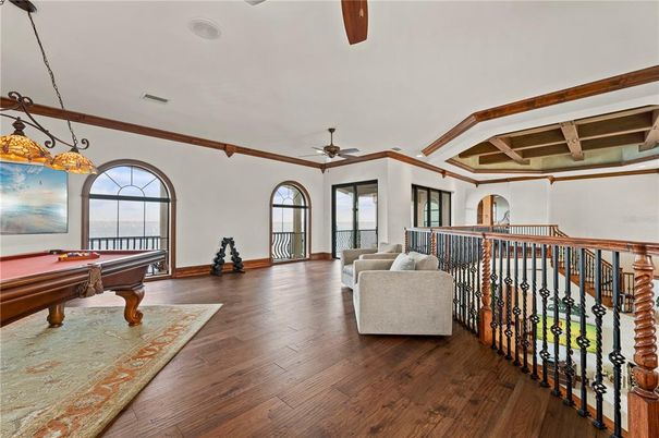 Billiard Table, Game Room, Interior, Pendant Lights, Wooden Beams, Wood Texture Flooring