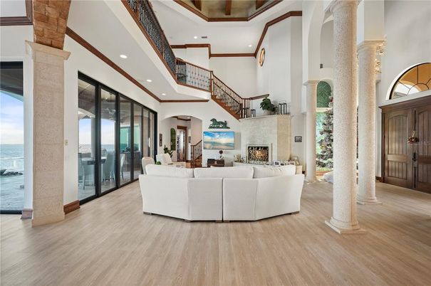 Fireplace, Interior, Living room, Recessed Lighting, Wood Texture Flooring