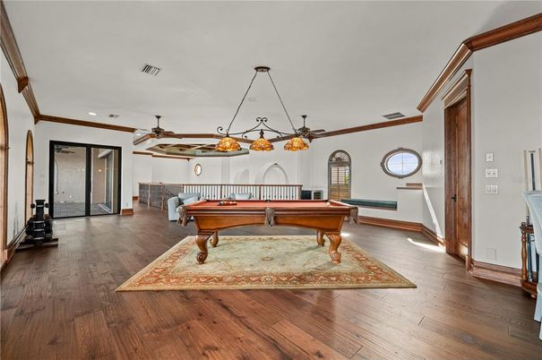Billiard Table, Game Room, Interior, Pendant Lights, Recessed Lighting, Wood Texture Flooring