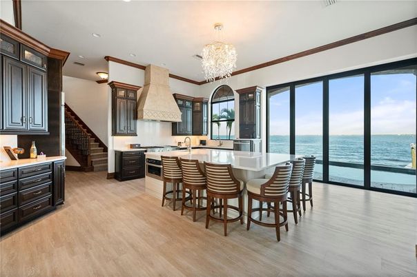 Chandelier, Interior, Kitchen, Recessed Lighting, Water, Wood Texture Flooring