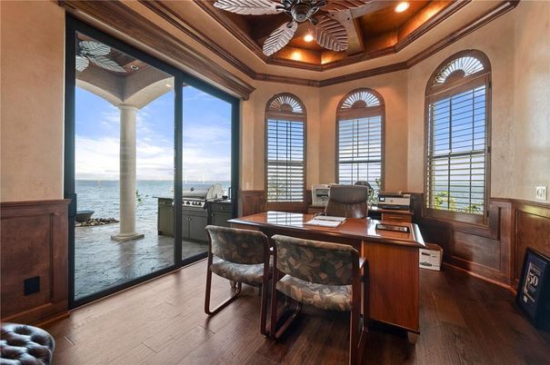 Home Office, Interior, Recessed Lighting, Water, Wooden Ceilings, Wood Texture Flooring