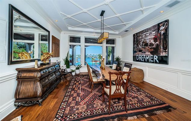 Dining room, Interior, Pendant Lights, Recessed Lighting, Wood Texture Flooring