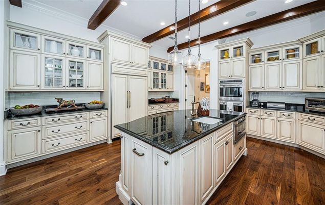Chandelier, Interior, Kitchen, Pendant Lights, Recessed Lighting, Stainless Steel Appliances, Wooden Beams, Wood Texture Flooring