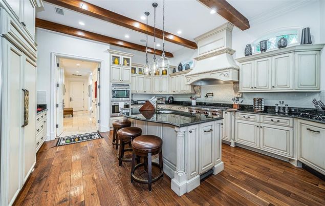 Interior, Kitchen, Pendant Lights, Recessed Lighting, Stainless Steel Appliances, Wooden Beams, Wood Texture Flooring