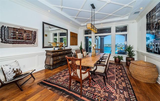 Dining room, Interior, Pendant Lights, Recessed Lighting, Water, Wood Texture Flooring
