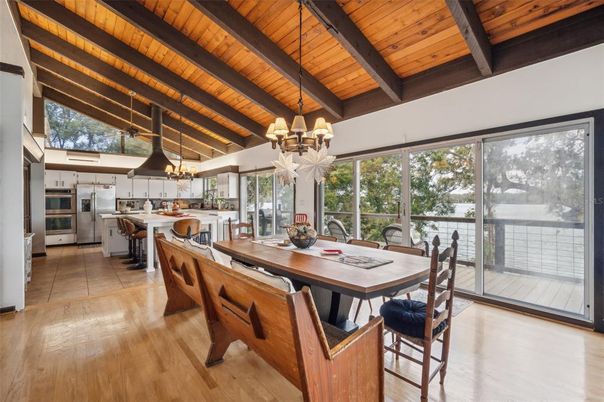 Chandelier, Dining room, Interior, Kitchen, Pendant Lights, Stainless Steel Appliances, Wooden Beams, Wooden Ceilings, Wood Texture Flooring