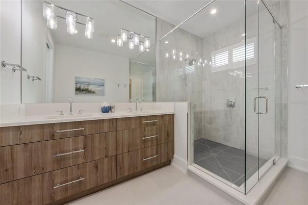 Bathroom, Dual Sink Vanities, Glass Shower, Interior, Recessed Lighting
