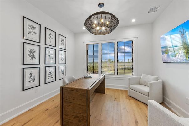 Home Office, Interior, Pendant Lights, Recessed Lighting, Wood Texture Flooring