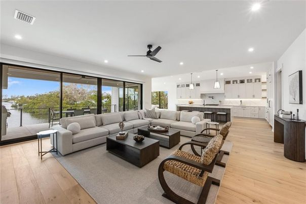Interior, Kitchen, Living room, Pendant Lights, Recessed Lighting, Water, Wood Texture Flooring