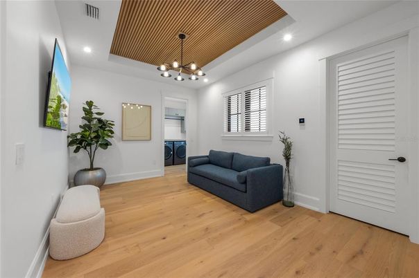 Fireplace, Interior, Pendant Lights, Recessed Lighting, Wood Texture Flooring