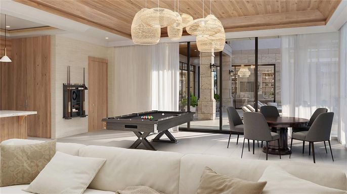 Billiard Table, Dining room, Game Room, Interior, Pendant Lights, Recessed Lighting, Wooden Ceilings