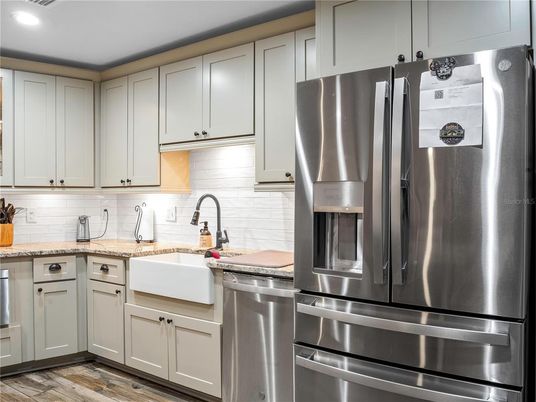 Interior, Kitchen, Recessed Lighting, Stainless Steel Appliances, Wood Texture Flooring