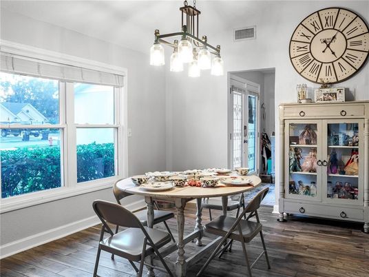 Dining room, Interior, Pendant Lights, Wood Texture Flooring
