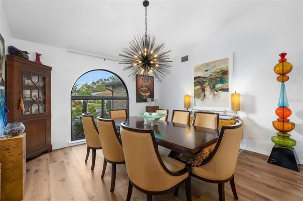 Dining room, Interior, Pendant Lights, Wood Texture Flooring