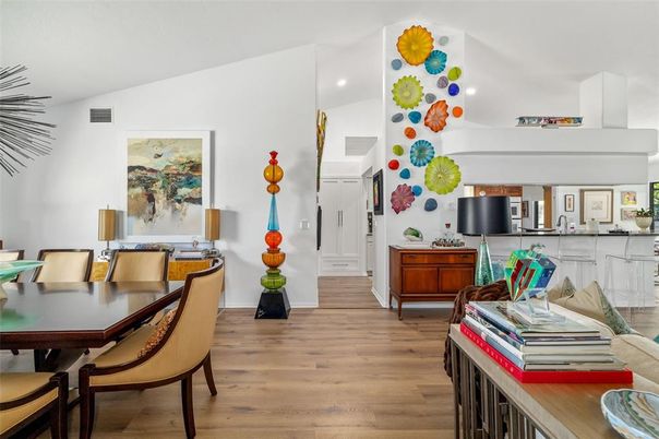 Dining room, Interior, Recessed Lighting, Wood Texture Flooring