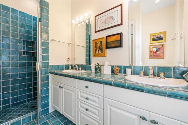 Bathroom, Dual Sink Vanities, Interior, Recessed Lighting, Tile Countertops
