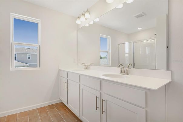 Bathroom, Dual Sink Vanities, Interior, Recessed Lighting, Wood Texture Flooring