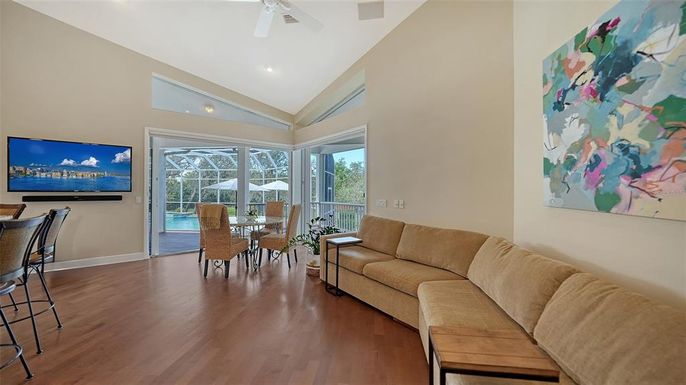 Dining room, Interior, Living room, Recessed Lighting, Wood Texture Flooring
