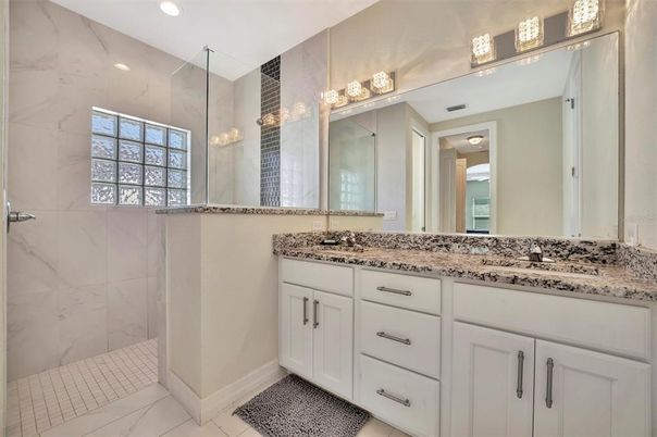 Bathroom, Glass Shower, Interior, Marble Walls, Recessed Lighting