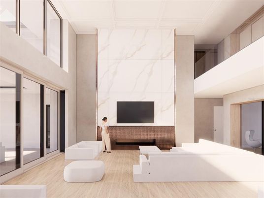 Interior, Marble Walls, Wood Texture Flooring