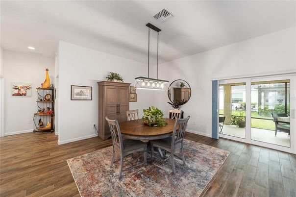 Dining room, Interior, Pendant Lights, Recessed Lighting, Wood Texture Flooring