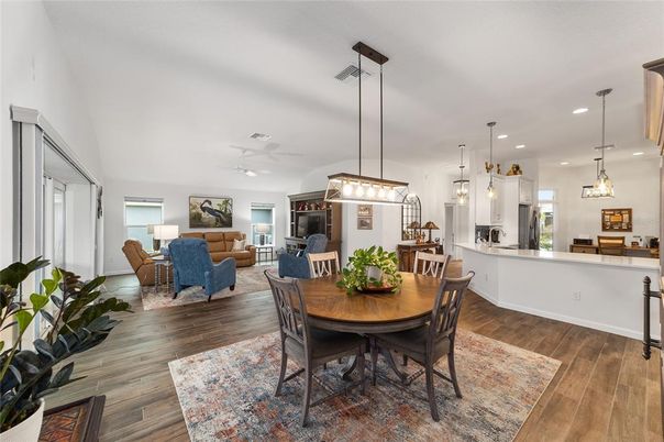Dining room, Interior, Kitchen, Living room, Pendant Lights, Recessed Lighting, Wood Texture Flooring