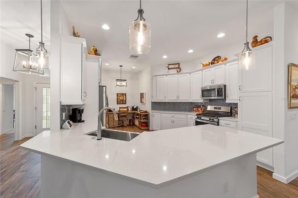 Interior, Kitchen, Pendant Lights, Recessed Lighting, Stainless Steel Appliances, Wood Texture Flooring