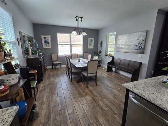 Dining room, Interior, Pendant Lights, Wood Texture Flooring