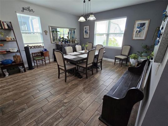 Dining room, Interior, Pendant Lights, Wood Texture Flooring