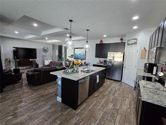 Interior, Kitchen, Living room, Pendant Lights, Recessed Lighting, Stainless Steel Appliances, Wood Texture Flooring