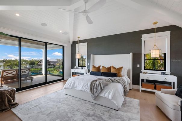Bedroom, Interior, Pendant Lights, Recessed Lighting, Wood Texture Flooring