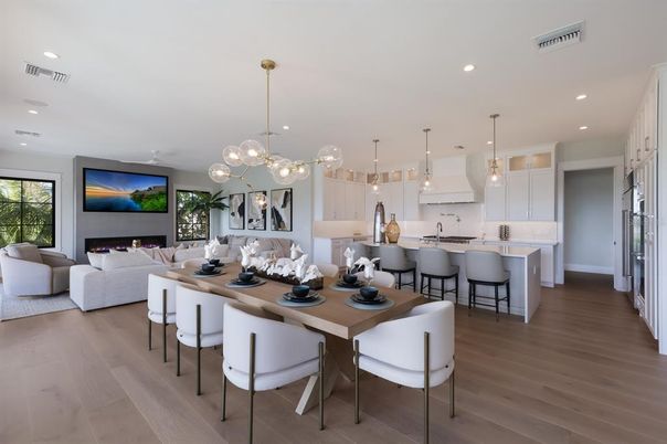 Dining room, Fireplace, Interior, Kitchen, Living room, Pendant Lights, Recessed Lighting, Wood Texture Flooring