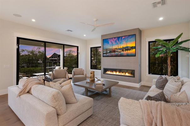 Fireplace, Interior, Living room, Recessed Lighting, Wood Texture Flooring