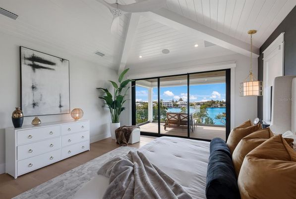 Bedroom, Interior, Pendant Lights, Recessed Lighting, Water, Wood Texture Flooring