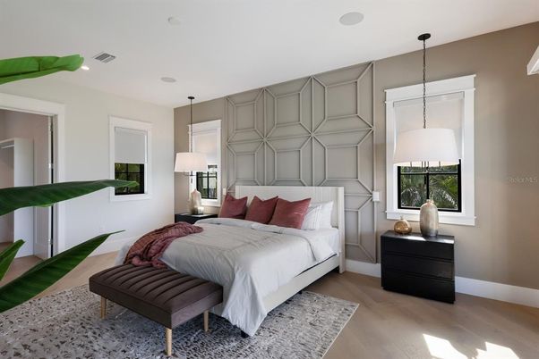 Bedroom, Interior, Pendant Lights, Recessed Lighting, Wood Texture Flooring