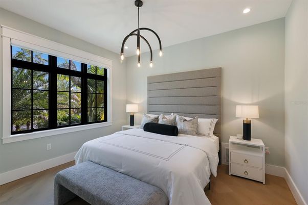 Bedroom, Interior, Pendant Lights, Recessed Lighting, Wood Texture Flooring