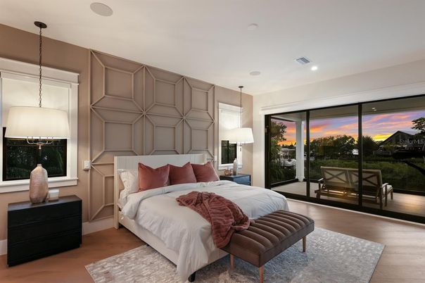 Bedroom, Interior, Pendant Lights, Recessed Lighting, Wood Texture Flooring