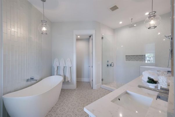 Bathroom, Dual Sink Vanities, Free Standing Baths, Interior, Pendant Lights, Recessed Lighting