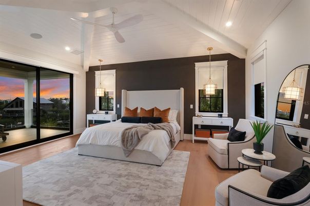 Bedroom, Interior, Pendant Lights, Recessed Lighting, Wood Texture Flooring