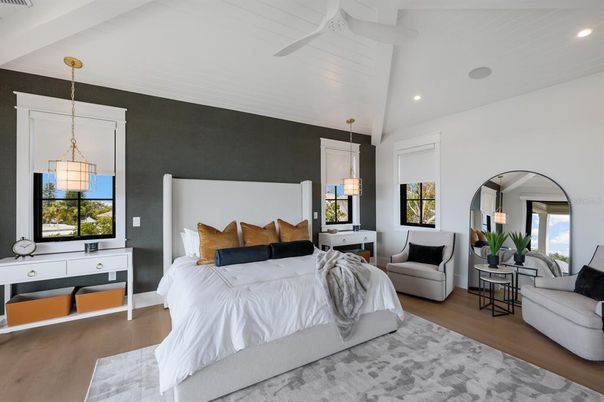 Bedroom, Interior, Pendant Lights, Recessed Lighting, Wood Texture Flooring