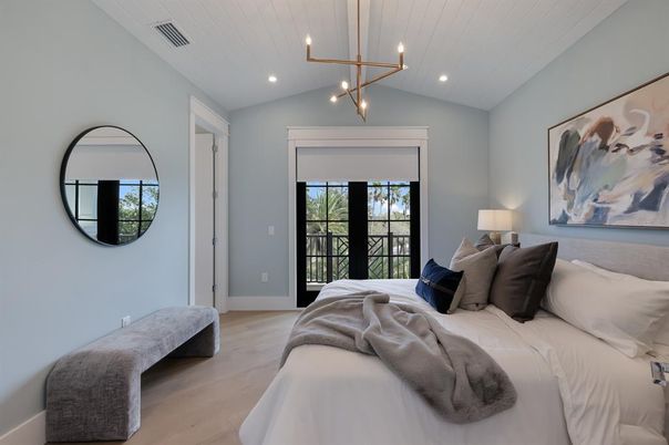 Bedroom, Interior, Pendant Lights, Recessed Lighting, Wood Texture Flooring