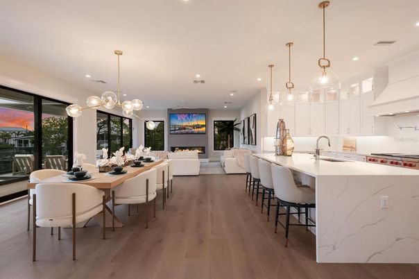 Dining room, Fireplace, Interior, Kitchen, Living room, Pendant Lights, Recessed Lighting, Wood Texture Flooring