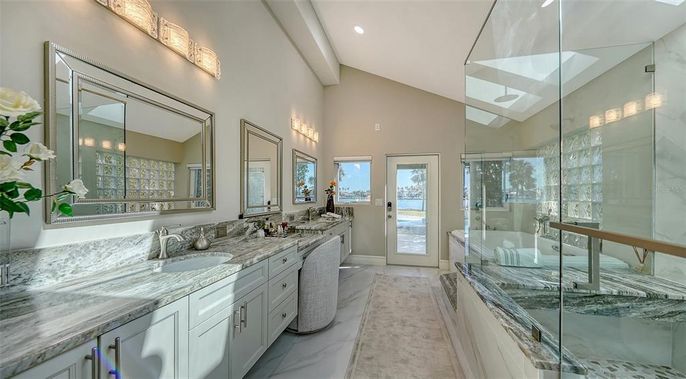Bathroom, Dual Sink Vanities, Glass Shower, Interior, Marble, Recessed Lighting