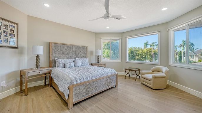 Bedroom, Interior, Recessed Lighting, Wood Texture Flooring