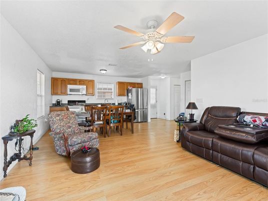 Dining room, Interior, Kitchen, Living room, Stainless Steel Appliances, Wood Texture Flooring