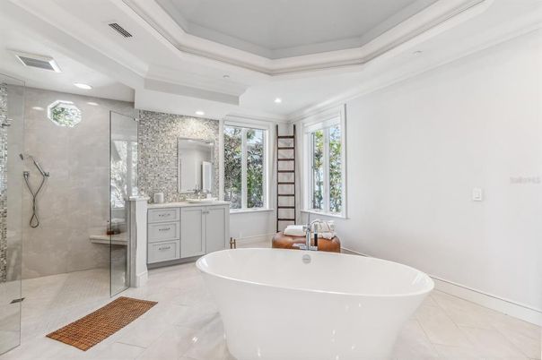Bathroom, Free Standing Baths, Glass Shower, Interior, Marble, Marble Walls, Recessed Lighting