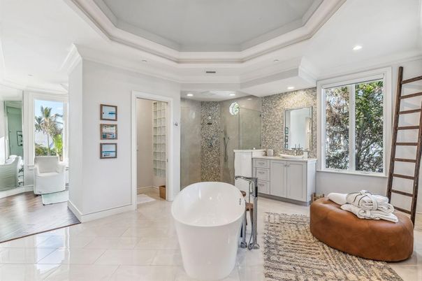 Bathroom, Dual Sink Vanities, Free Standing Baths, Glass Shower, Interior, Recessed Lighting, Wood Texture Flooring