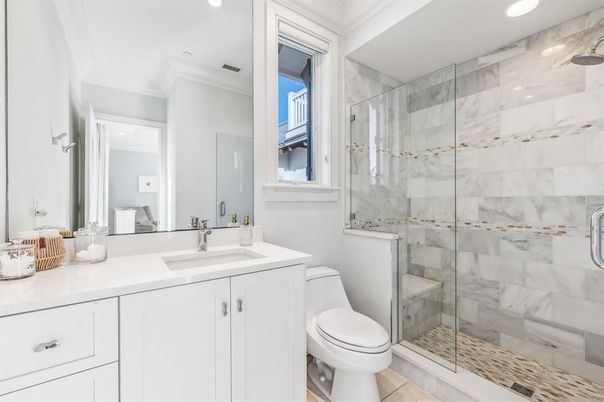Bathroom, Glass Shower, Interior, Marble Walls, Recessed Lighting