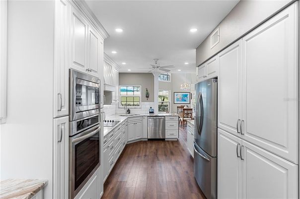 Interior, Kitchen, Recessed Lighting, Stainless Steel Appliances, Wood Texture Flooring